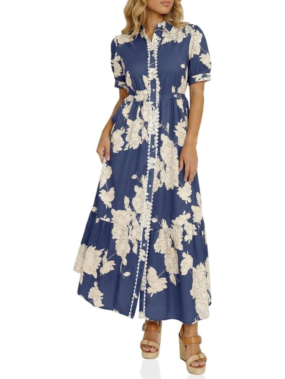 Women's Shirt Dress Floral Collared Navy Short Sleeve Button Down Maxi Dress